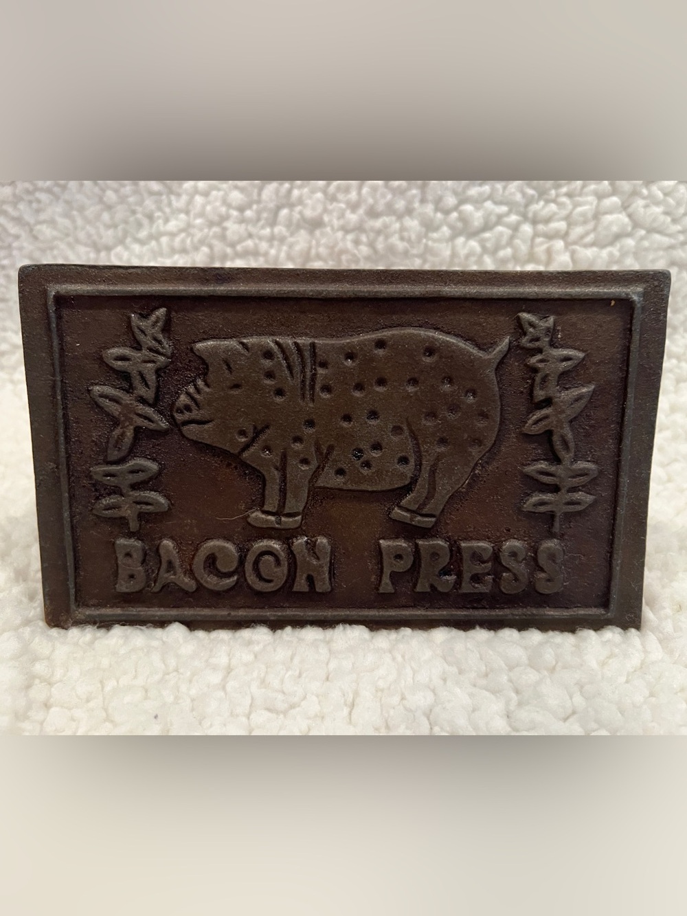 Vintage Cast Iron Bacon Press, Wooden Handle, pig design